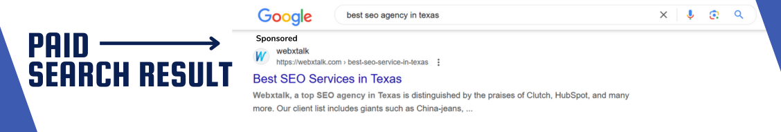 A image showing Best seo agency in TEXAS paid result on google search engine result page 