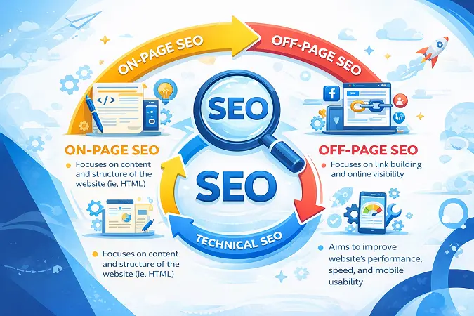 Diagram of seo types "on page seo, off page seo, technical seo"