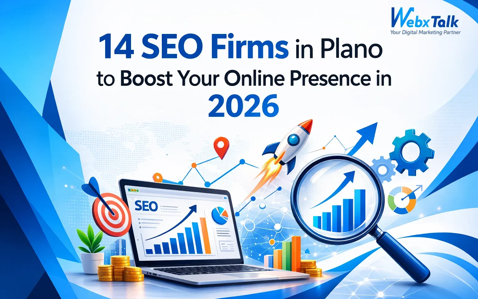 Webxtalk new blog featured image and the topic of the blog is "14 SEO Firms in Plano to Boost Your Online Presence in 2026"