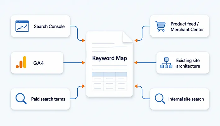 The flowchart showing the e-commerce keyword research process.