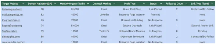 A table showing an SEO link-building outreach report for seven websites, tracking domain authority, traffic, outreach methods, pitch types, campaign status, and final link types