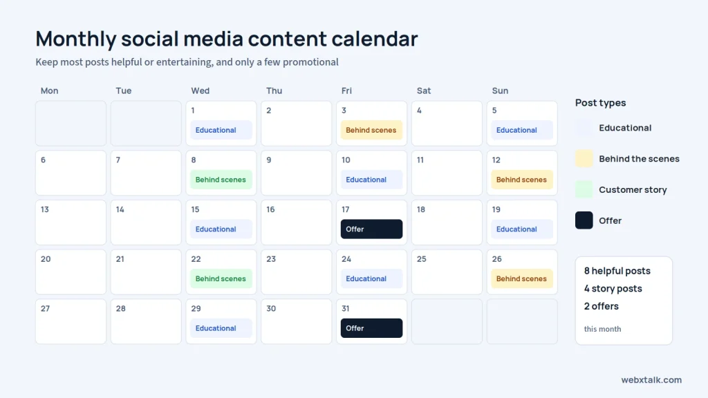 Social media content calendar example