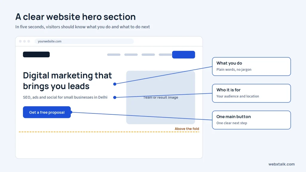 Clear website hero section with call to action